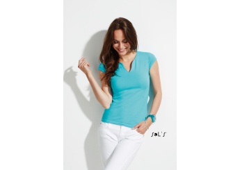 T-SHIRT COM MEIA MANGA E GOLA ELABORADA PARA SENHORA CORES MINT