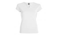 T-shirt branca cintada de gola redonda com abertura em V
