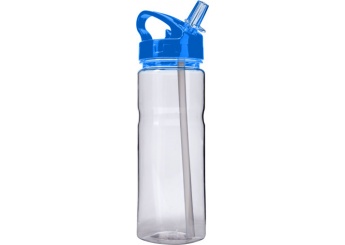   Garrafa (550 ml) transparente com fecho de rosca e palhinha.
